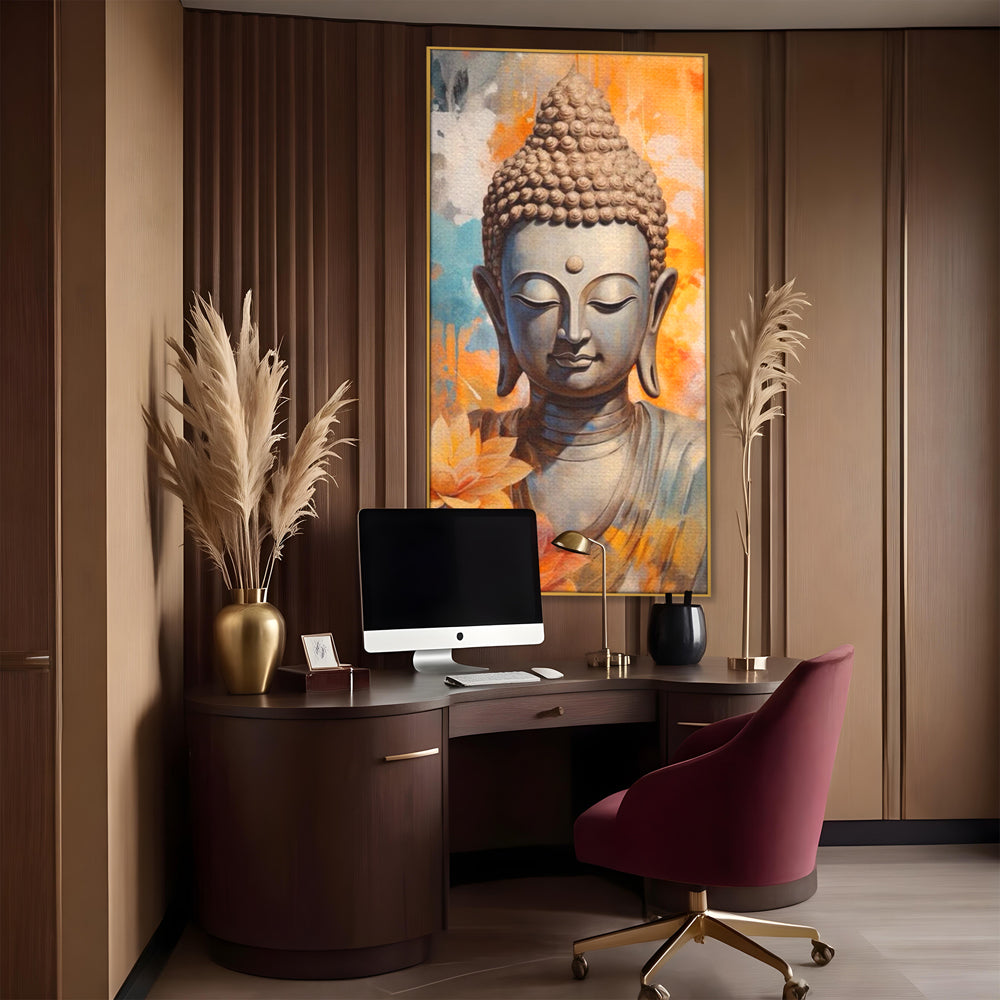 Tablou canvas cu tablou canvas cu buddha si flori de lotus, in rama de aluminiu auriu, pe perete intr-un birou